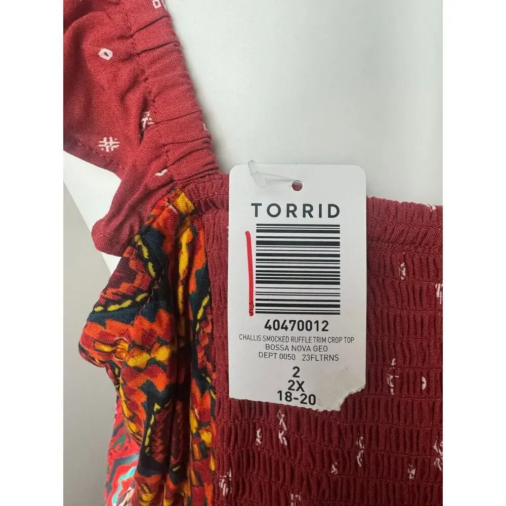 Torrid Burnt Orange and Patterned Challis Ruffle Trim Crop Top Size 2X